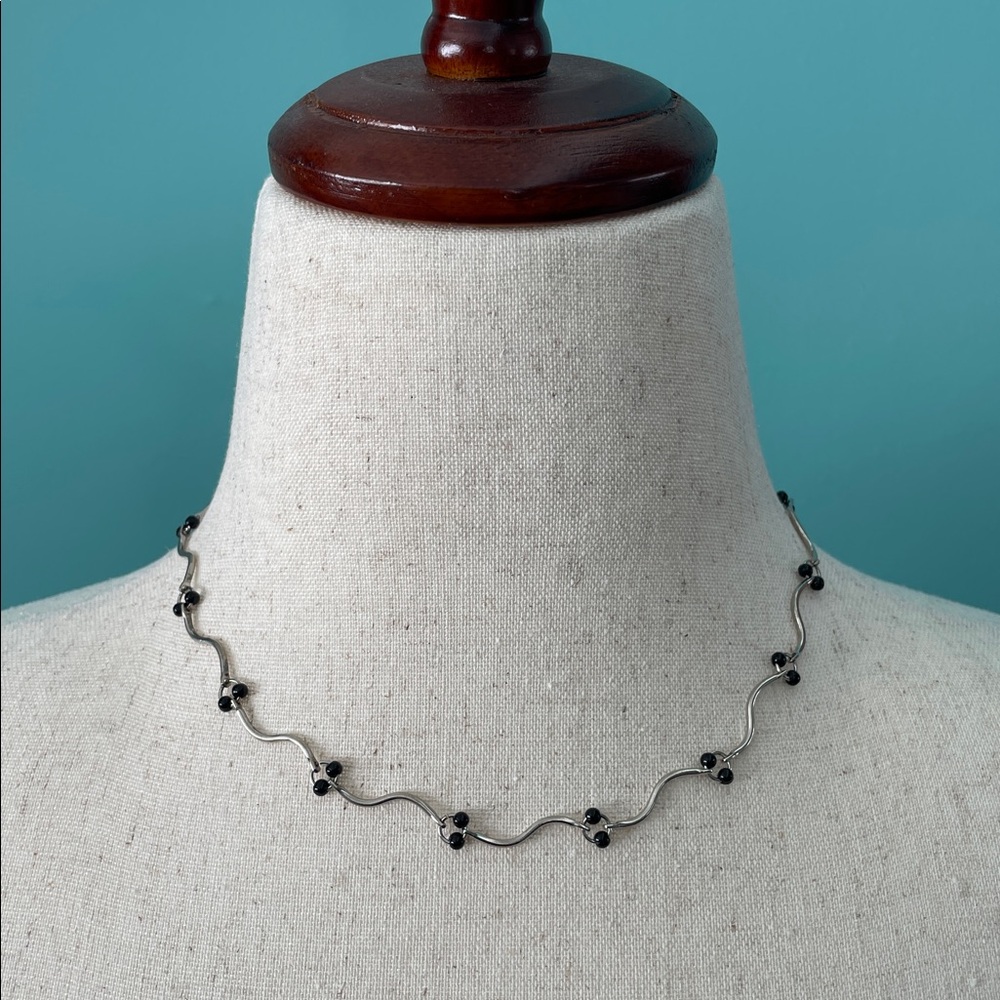 Silver Scallop Necklace with Black Beads